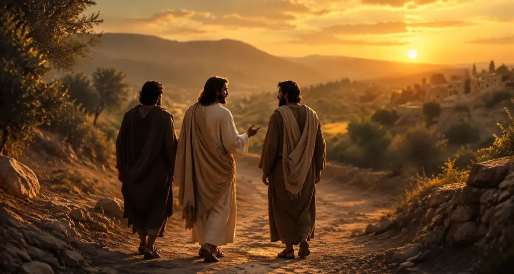 Jesus walking with two disciples on the Emmaus Road at sunset, teaching them along the journey as they listen, surrounded by an ancient Judean landscape with warm golden light, representing the risen Christ revealing Scripture and restoring their hearts.