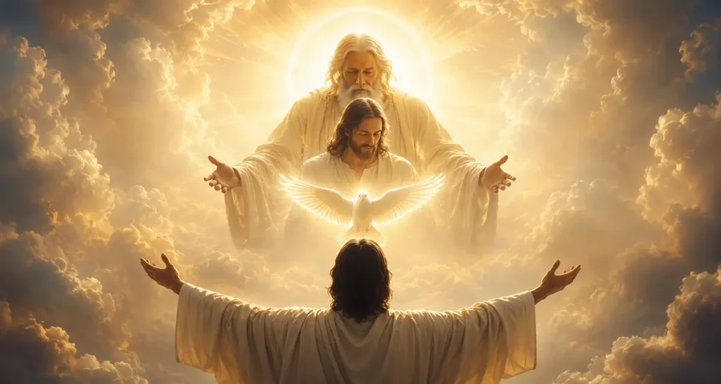 The Father's love revealed through Jesus Christ as a believer is welcomed into the eternal communion of the Father, the Son, and the Holy Spirit amid radiant heavenly light.