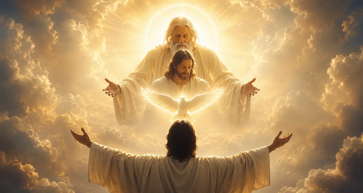 The Father's love revealed through Jesus Christ as a believer is welcomed into the eternal communion of the Father, the Son, and the Holy Spirit amid radiant heavenly light.