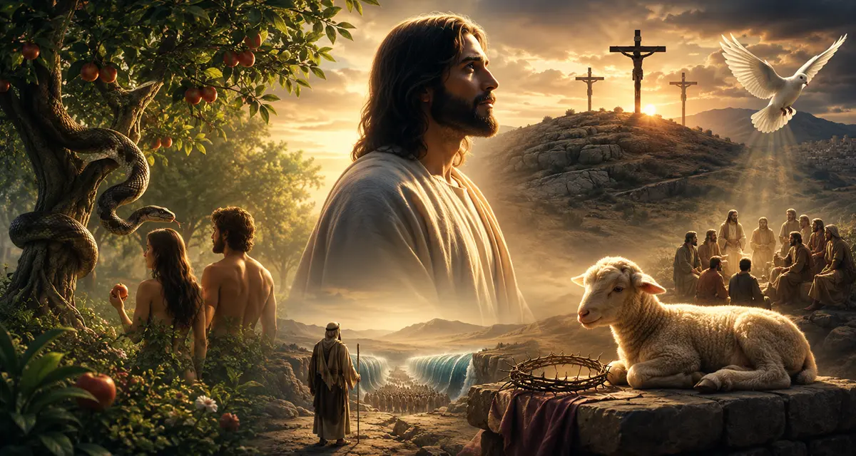 Cinematic illustration of the Garden of Eden with Adam, Eve, and the serpent beneath the forbidden tree, centered on Jesus as the fulfillment of God's plan of redemption from Eden to the Cross.