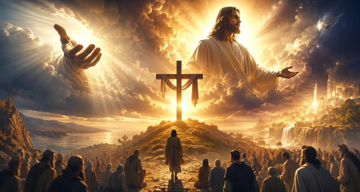 Jesus Christ standing in radiant glory above the Cross, with heavenly light illuminating worshipers and creation, symbolizing the revelation of God's holiness, mercy, justice, and eternal glory.