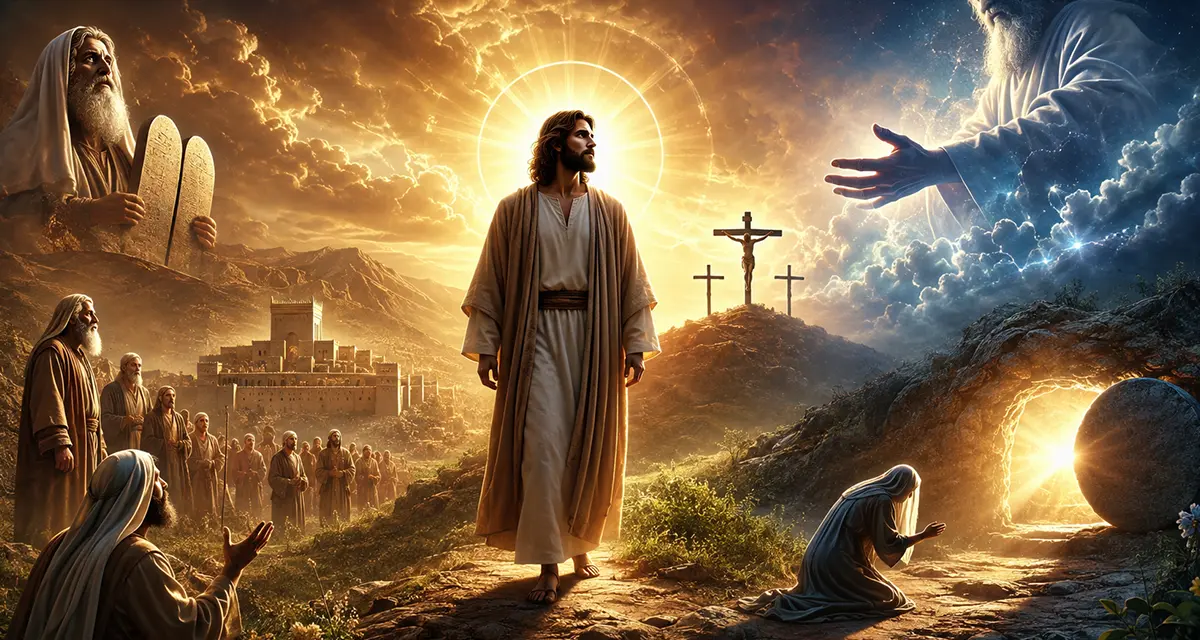 Jesus Christ, the perfect revelation of God and the flawless Man, standing at the center of redemptive history as the fulfillment of the Old Testament, with the cross, the empty tomb, and biblical figures surrounding Him, symbolizing the fullness of God's revelation and perfect human righteousness.