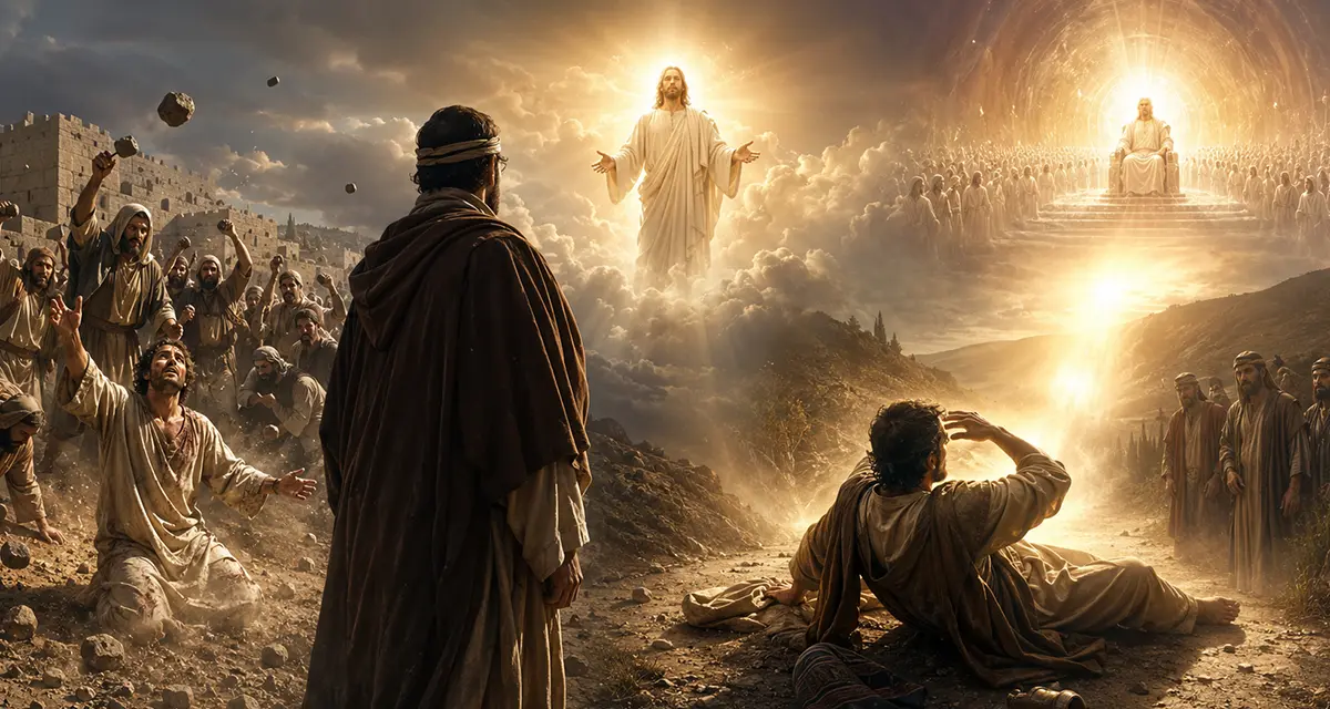 Stephen, Saul, and the Glory of Christ: A cinematic biblical scene depicting Stephen's martyrdom as he gazes toward the glorified Christ, while Saul stands nearby consenting to the execution. The composition transitions to Saul's encounter with the risen Jesus on the road to Damascus, culminating in the heavenly throne where Christ, the Lamb of God, reigns in glory, symbolizing redemption, reconciliation, and the triumph of divine grace.