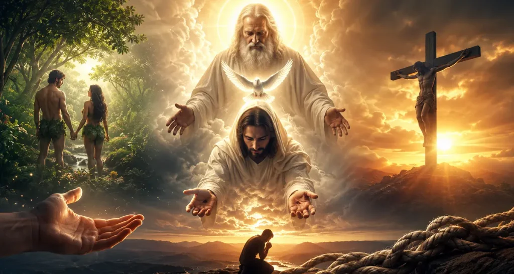 Believer in prayer abiding in Christ, with symbolic imagery of Eden, the Cross, and the Trinity, illustrating how those who abide in Christ grow in trust, assurance, and fellowship with God through the Father's love, the Son's intercession, and the Holy Spirit's indwelling presence.