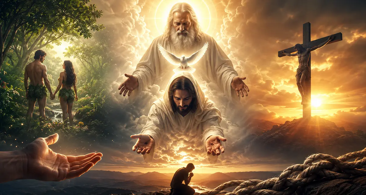 Believer in prayer abiding in Christ, with symbolic imagery of Eden, the Cross, and the Trinity, illustrating how those who abide in Christ grow in trust, assurance, and fellowship with God through the Father's love, the Son's intercession, and the Holy Spirit's indwelling presence.