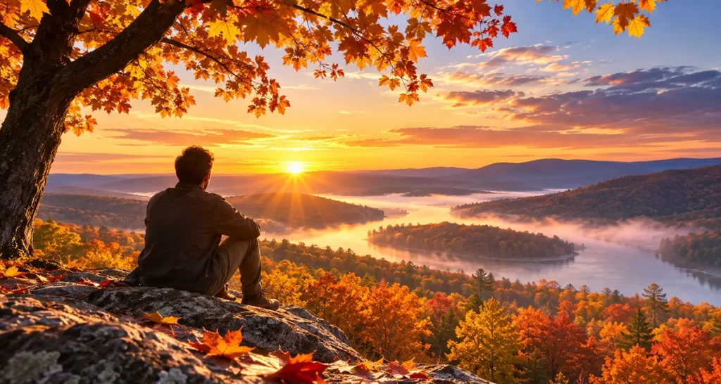 A person quietly overlooks a breathtaking autumn landscape at sunrise, surrounded by vibrant trees, golden light, and mist-covered valleys, reflecting on the beauty of God's creation and His sustaining grace revealed through the natural world.