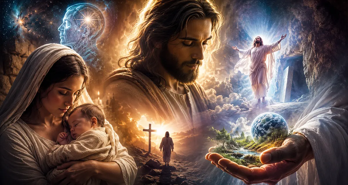 The Incarnation of Christ depicted through a symbolic collage showing Mary holding the infant Jesus, the adult Christ in contemplation, His resurrection in glory, and imagery of creation and redemption, illustrating God becoming man to redeem humanity and restore creation.