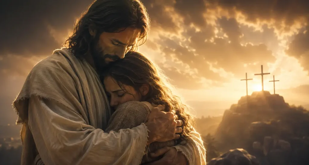 Jesus tenderly embraces a weary believer, symbolizing Christ lovingly carrying our burdens, griefs, and fears, while the three crosses stand in the distance beneath a radiant golden sky.