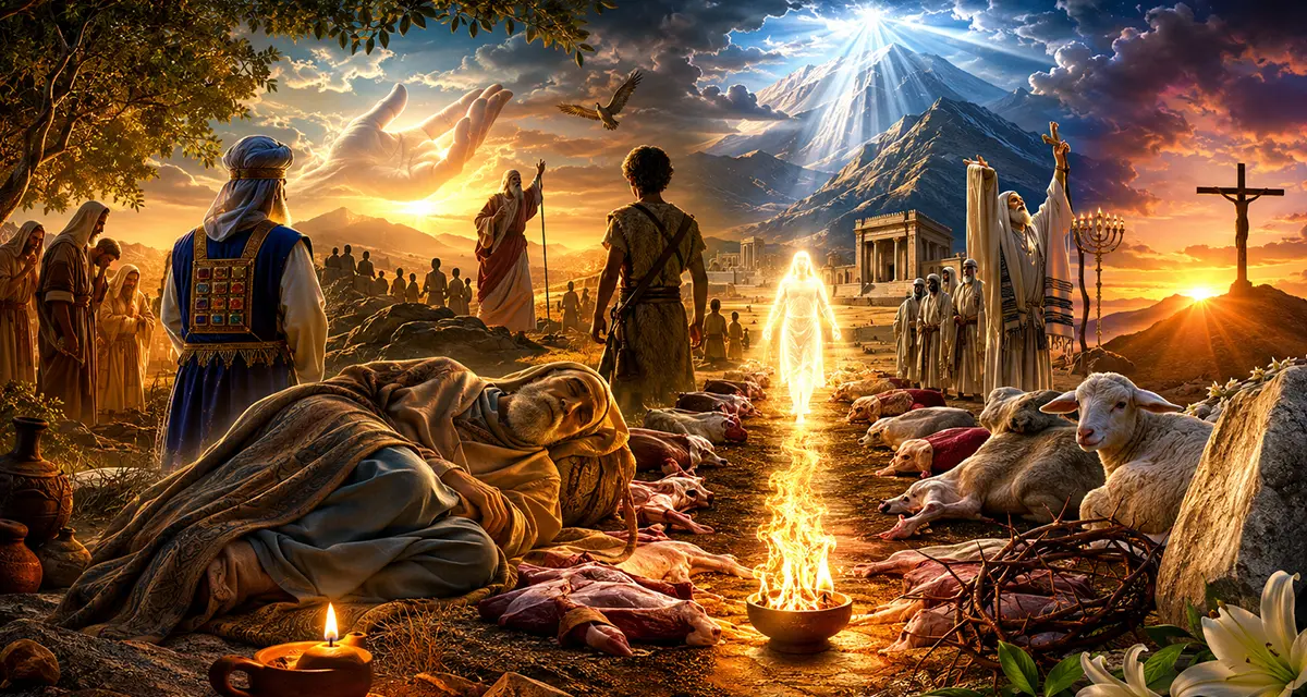 A cinematic biblical scene inspired by the Book of Judges, depicting Abraham's covenant, the fading priesthood, God's faithful guidance through Israel's spiritual decline, and the ultimate fulfillment of His covenant in Jesus Christ.