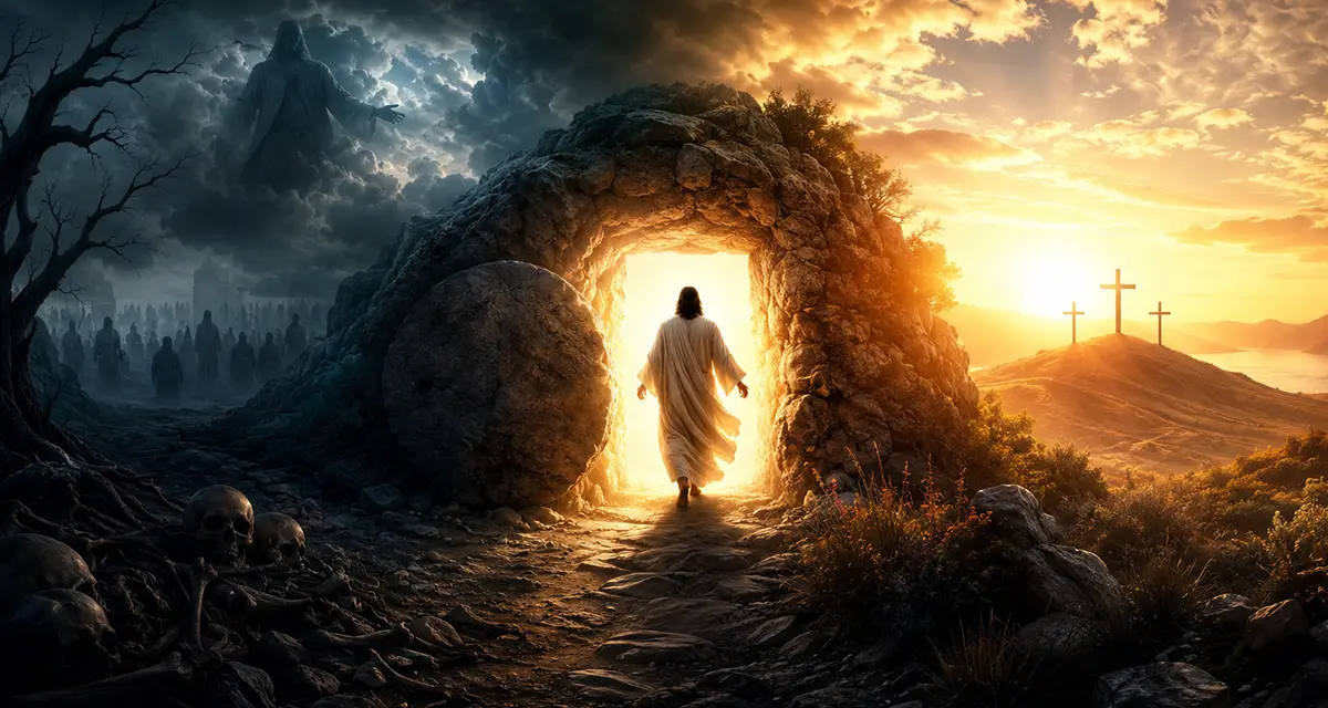 Dramatic symbolic illustration of the death and resurrection of Jesus, showing the empty tomb opening from darkness into radiant light as Christ emerges victorious over death, representing God's triumph over sin and the promise of resurrection.