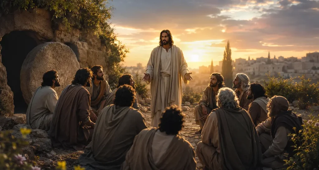 The risen Jesus appears to His fearful and unbelieving disciples near the empty tomb at dawn, gently revealing Himself and restoring their faith after the resurrection.