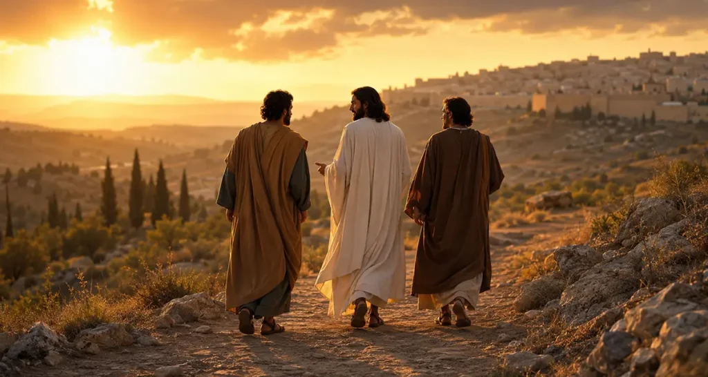 Jesus walks with the two disciples on the road to Emmaus at sunset, illustrating the journey from presumption to true expectation as He patiently opens the Scriptures and teaches them to trust God's promises above their own assumptions.