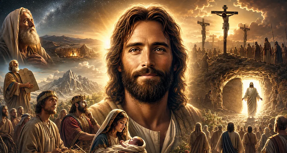 The face of Jesus Christ radiates divine glory at the center of a panoramic biblical scene, portraying Him as the visible revelation of the face of God, surrounded by redeemed people and key moments of redemptive history from the Old Testament to the Resurrection.