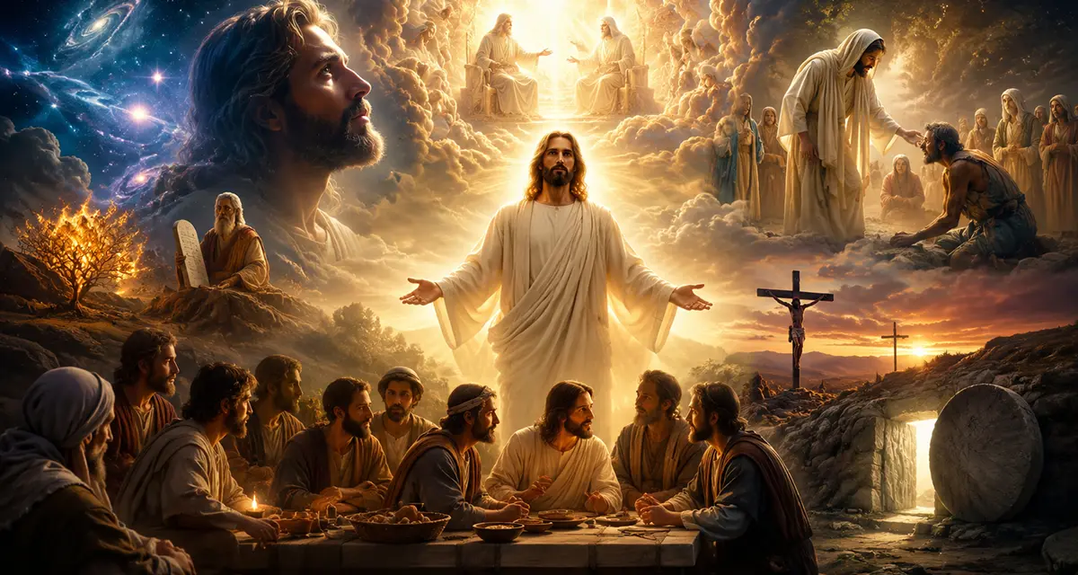 A radiant depiction of Jesus Christ with heavenly light surrounding Him, symbolizing the glory of the incarnation as God made flesh and dwelling among humanity.