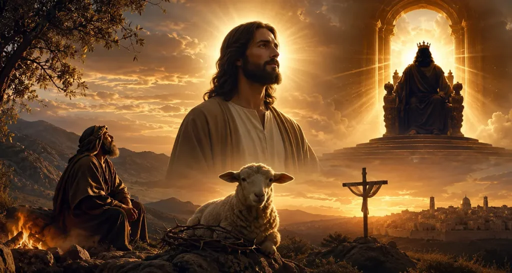 A cinematic depiction of Jesus receiving the eternal throne of David, reigning over the house of Jacob as the radiant King, symbolizing the grace of God that redeems the unworthy and establishes an everlasting kingdom through Christ alone.
