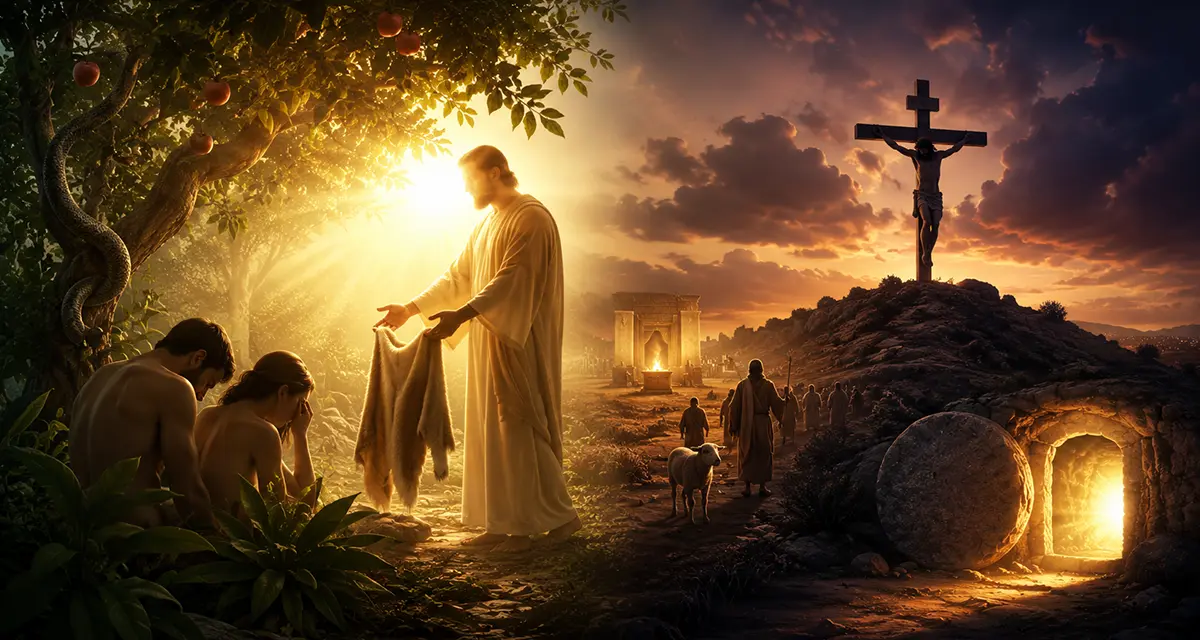 Cinematic depiction of the Gospel in Genesis 3, showing Adam and Eve after the Fall as God provides garments of skin, foreshadowing Christ's redemptive work through the Cross, with the empty tomb symbolizing the fulfillment of God's plan of salvation from Eden to the Resurrection.
