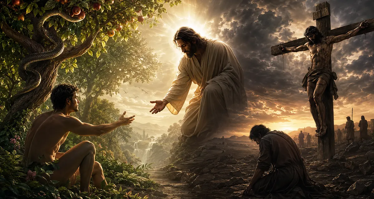 The Incarnation and the Fall, showing Adam reaching for the forbidden fruit contrasted with Christ's humble obedience on the Cross, reversing humanity's rebellion through redemption.