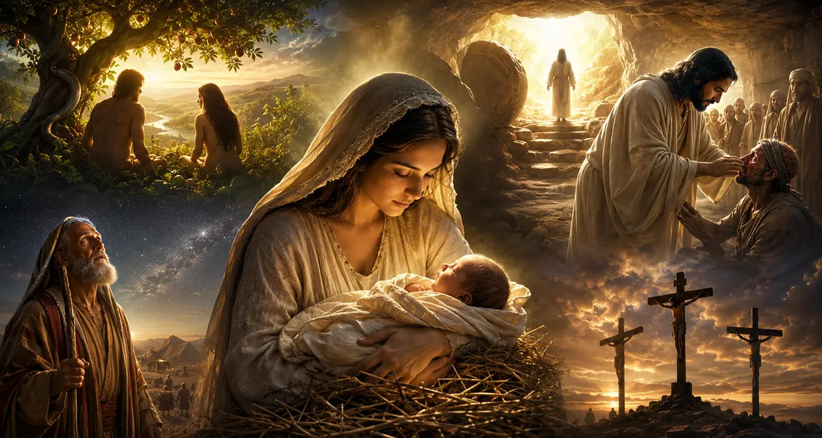 The incarnation of Christ depicted as the eternal Son of God entering humanity through His birth to Mary, surrounded by scenes of Eden, the cross, the resurrection, and Christ's healing ministry, illustrating God's redemptive plan from creation to redemption.