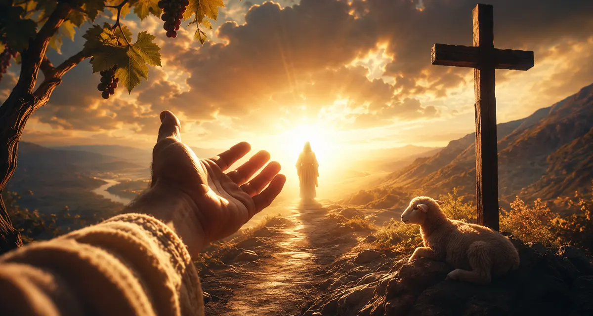 Joy in the Lord depicted by a believer walking toward the radiant light of Christ along a narrow path, symbolizing selfless love, faithful discipleship, and enduring hope through suffering.