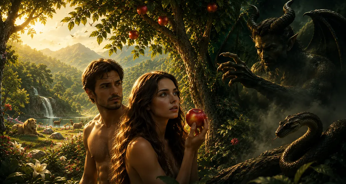 Adam and Eve stand in the lush Garden of Eden before the forbidden tree as a serpent subtly tempts them, while the bright beauty of God's word abundant creation contrasts with the dark deception that questions His goodness and calls them to trust a created thing over the Creator.