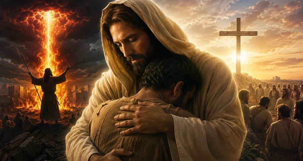 Dramatic depiction of the love of God revealed through Jesus Christ, contrasting divine mercy and righteous judgment with Christ at the center as the perfect expression of God's holy love.