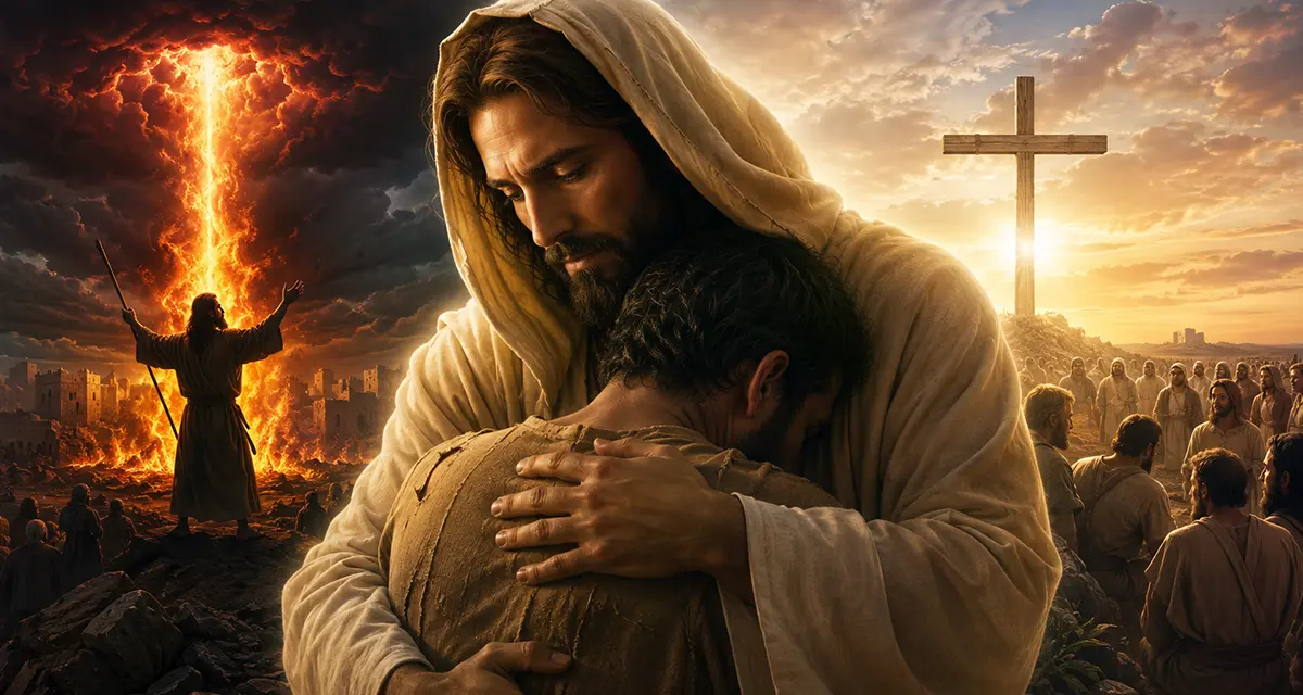 Dramatic depiction of the love of God revealed through Jesus Christ, contrasting divine mercy and righteous judgment with Christ at the center as the perfect expression of God's holy love.