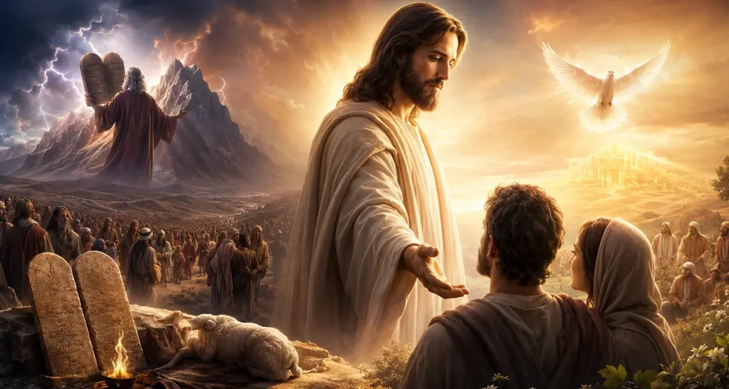 New Covenant illustration depicting Jesus as the Mediator of the New Covenant, extending His hand in invitation as the Law at Sinai gives way to God's transforming grace, symbolizing the law written on the heart and God's covenant presence with His people.