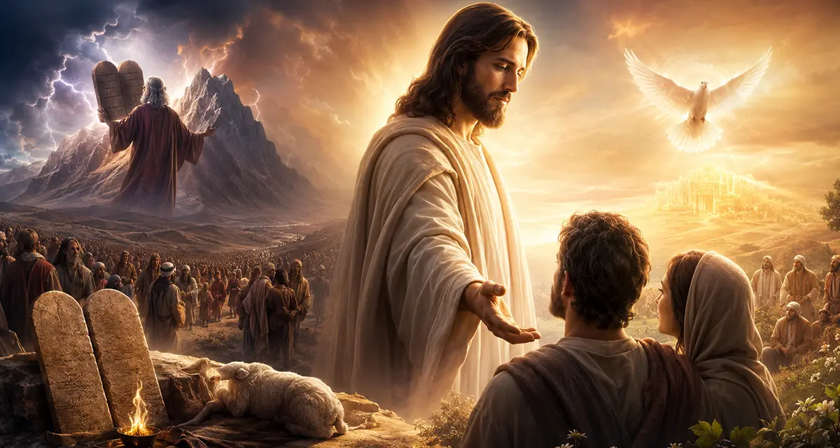 New Covenant illustration depicting Jesus as the Mediator of the New Covenant, extending His hand in invitation as the Law at Sinai gives way to God's transforming grace, symbolizing the law written on the heart and God's covenant presence with His people.