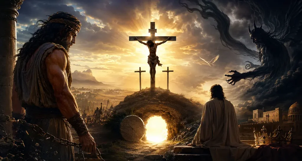 Dramatic depiction of rebellion against God, showing the triumph of Christ at the cross over the powers of darkness, with Samson symbolizing imperfect deliverance and the empty tomb proclaiming Christ's ultimate victory.
