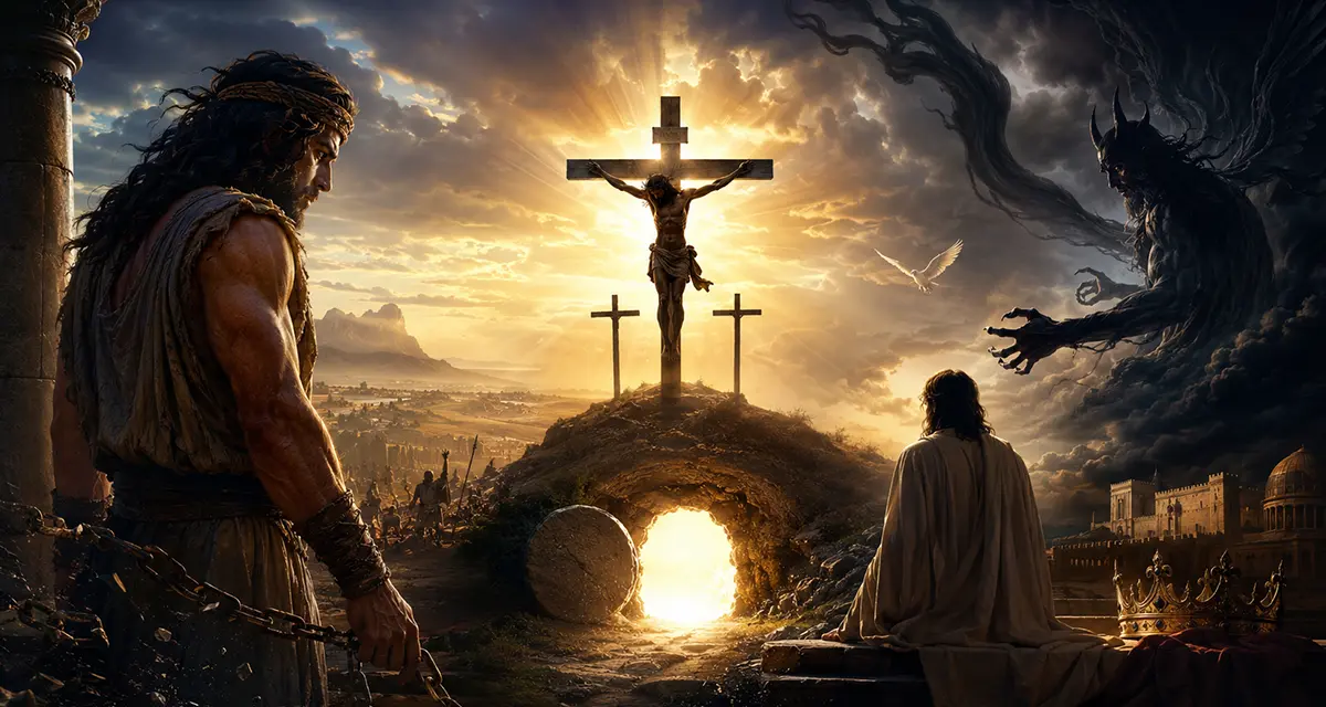 Dramatic depiction of rebellion against God, showing the triumph of Christ at the cross over the powers of darkness, with Samson symbolizing imperfect deliverance and the empty tomb proclaiming Christ's ultimate victory.