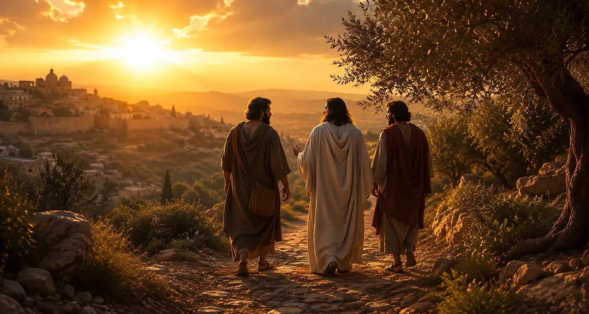 The risen Jesus walks with two disciples on the road to Emmaus at sunset, opening the Scriptures and revealing that they testify of Him. "Beginning at Moses and all the Prophets, He expounded to them in all the Scriptures the things concerning Himself."