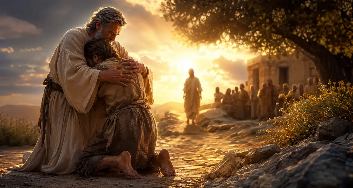 Featured image for "Does God Owe Us Anything?" depicting the father embracing the prodigal son in a warm, golden light, symbolizing God's grace, sonship, servanthood, and the truth that His rewards flow from love rather than obligation.