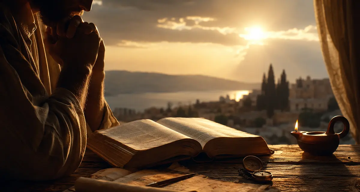 Theology reflected through Scripture as a believer prayerfully studies the Bible, illustrating God's self-revelation that leads to worship, self-examination, and fellowship with Christ.