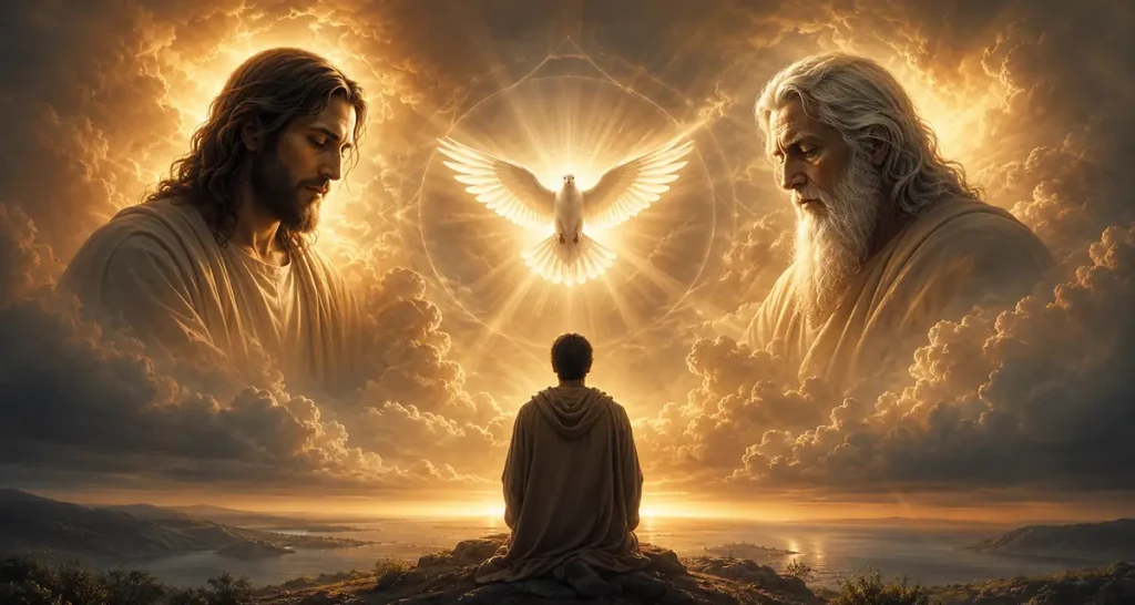A cinematic depiction of the Trinity, with Jesus, the Father, and the Holy Spirit represented above a kneeling worshiper amid radiant clouds and golden light.