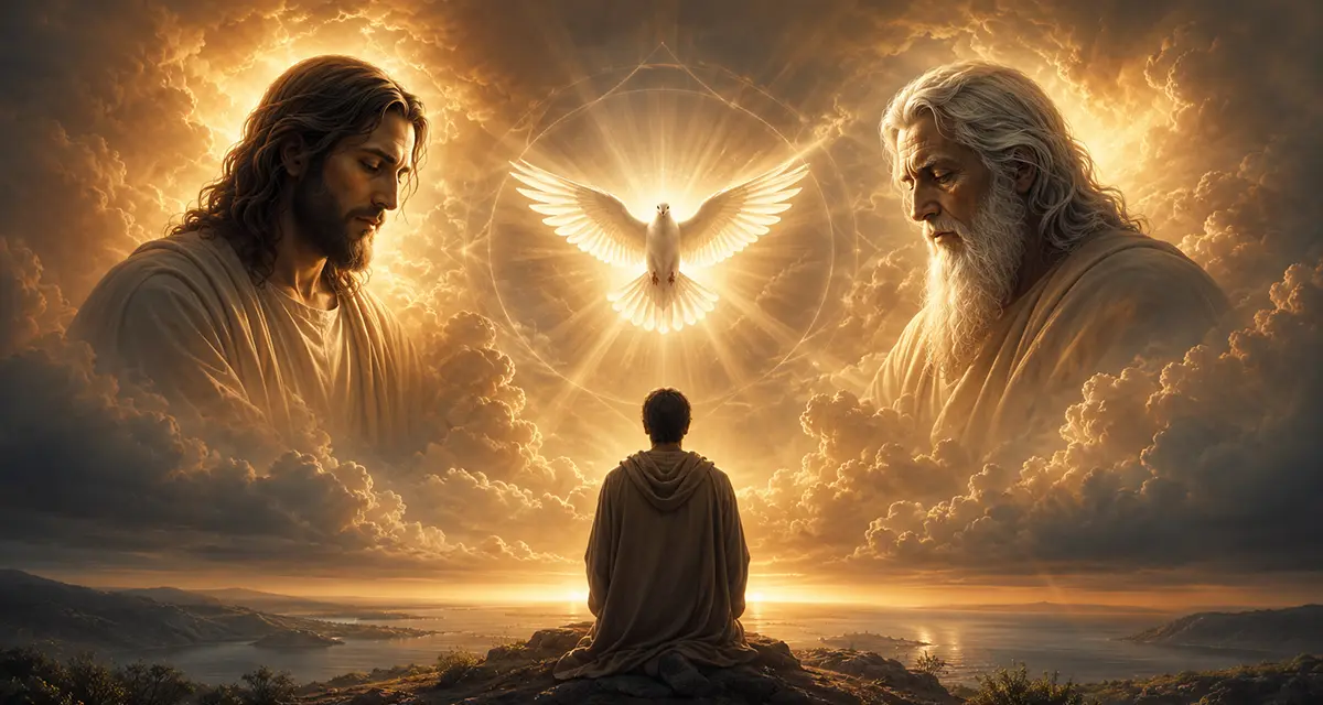 A cinematic depiction of the Trinity, with Jesus, the Father, and the Holy Spirit represented above a kneeling worshiper amid radiant clouds and golden light.
