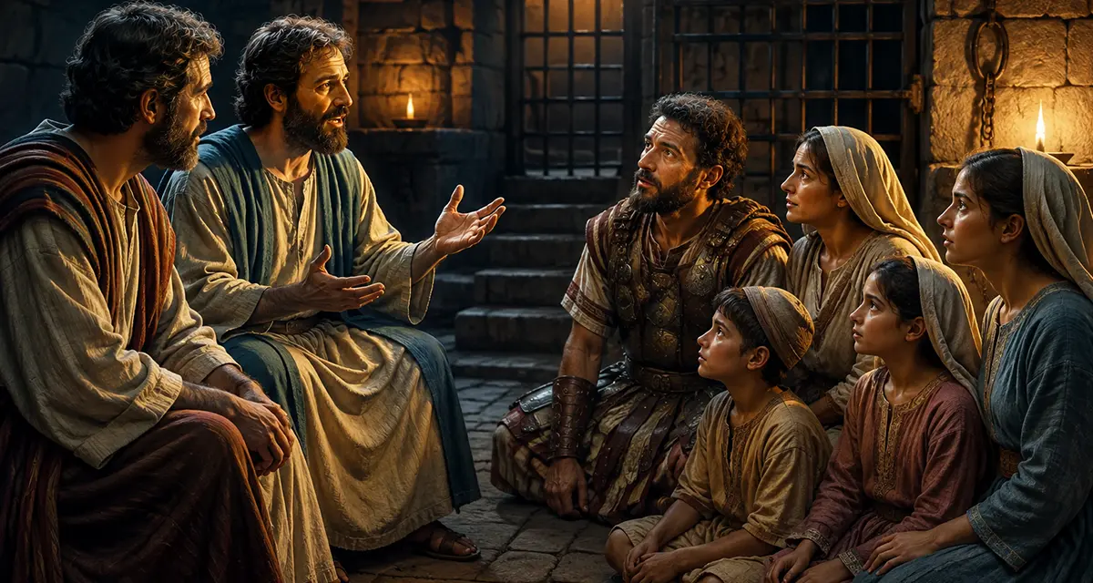 Paul and Silas proclaim the gospel to the Philippian jailer and his household inside a dimly lit prison chamber, illustrating the biblical account of Acts 16 where the message of salvation is extended to an entire family through faith in Jesus Christ.