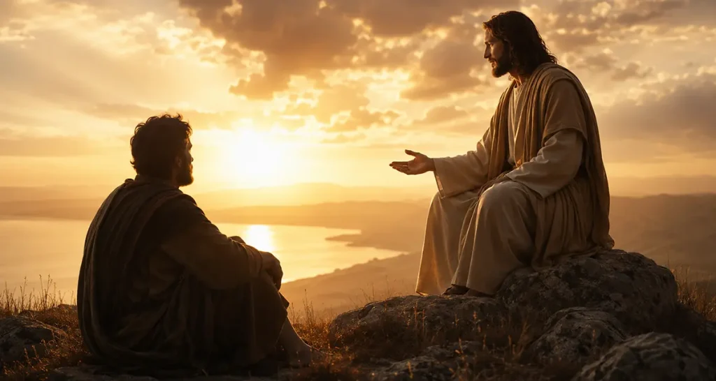 Jesus teaching a disciple on a mountainside at sunset, illustrating His call to "Be Perfect as Your Father in Heaven Is Perfect."