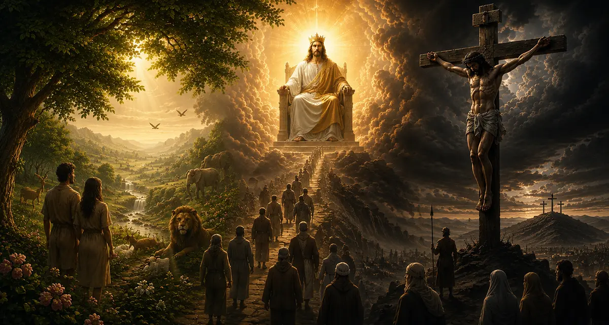 Adam and Eve in Eden, the crucified Christ, and the risen King enthroned in glory, depicting Christ as the purpose and fulfillment of creation and humanity’s redemption.
