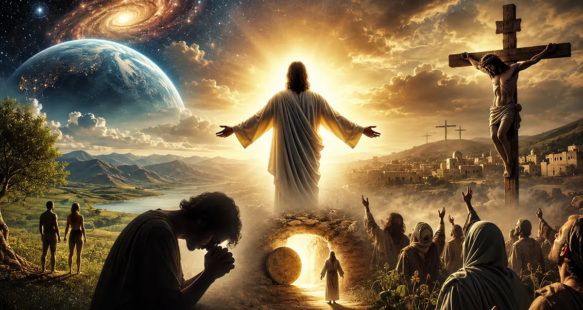 Christ at the center of creation, redemption, reconciliation, and resurrection, surrounded by imagery of the cosmos, humanity, the cross, the empty tomb, and worship.