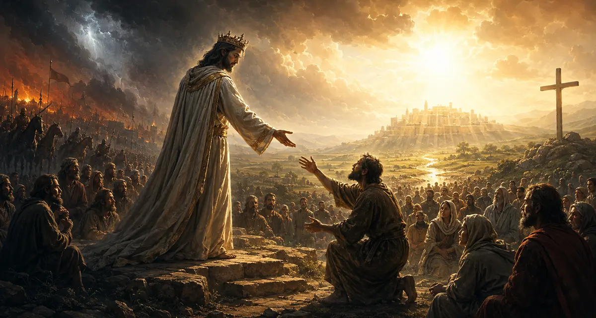 Jesus as the rightful King extending an offer of peace to a repentant man, with judgment and rebellion behind Him and the radiant Kingdom ahead, depicting the proclamation, “The kingdom of heaven is at hand.”