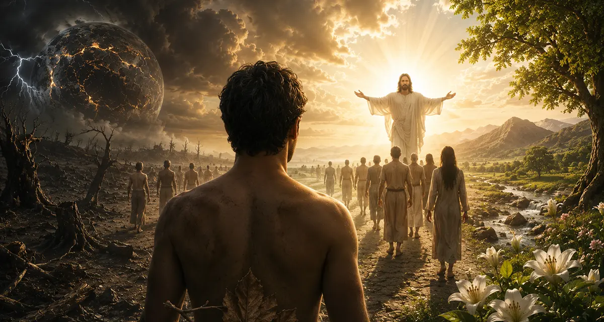 Adam standing between a fallen, darkened creation and a restored world under Christ, symbolizing Adam’s headship, humanity’s fall, and redemption through the Last Adam.