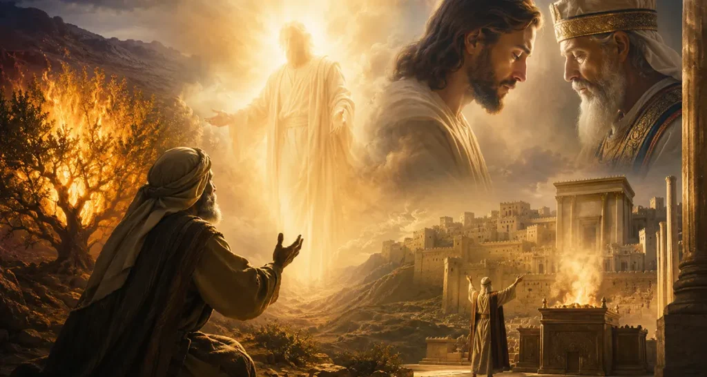 The Angel of the LORD appearing in divine glory, depicting Old Testament encounters with God and their connection to Christ, biblical interpretation, and divine revelation.
