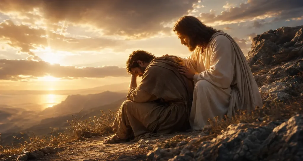 A weary believer sits on a rocky mountainside with head bowed after stumbling, while Jesus gently places His hand on the believer's shoulder at sunset, symbolizing Christ's faithfulness, restoration, and His sustaining grace throughout the lifelong journey of sanctification.