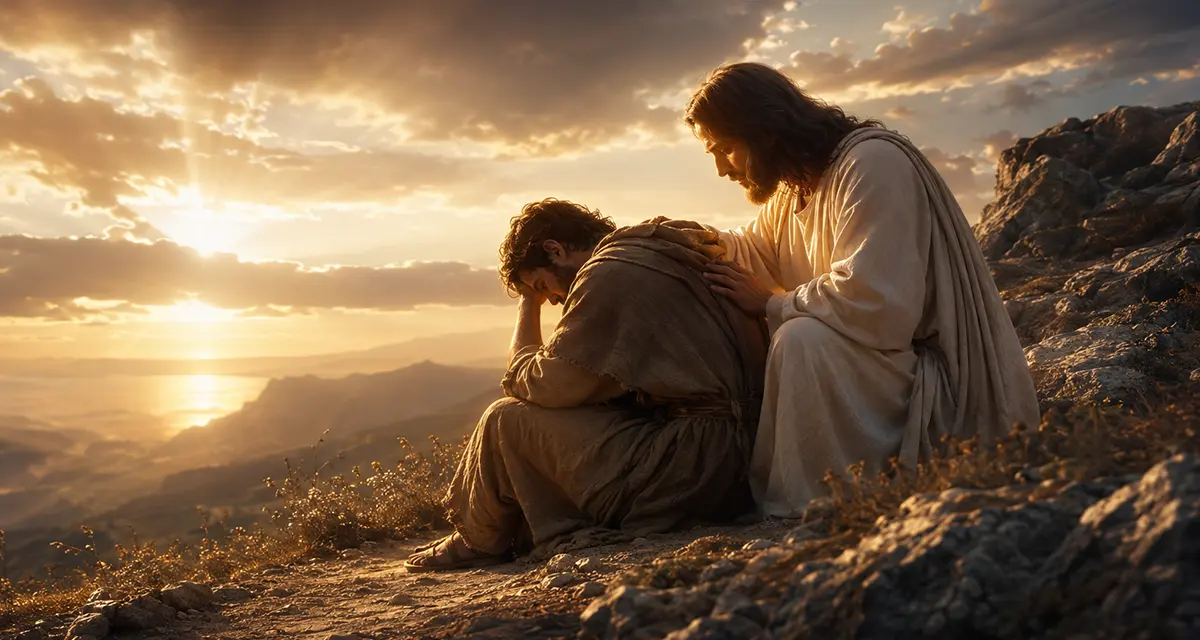 A weary believer sits on a rocky mountainside with head bowed after stumbling, while Jesus gently places His hand on the believer's shoulder at sunset, symbolizing Christ's faithfulness, restoration, and His sustaining grace throughout the lifelong journey of sanctification.