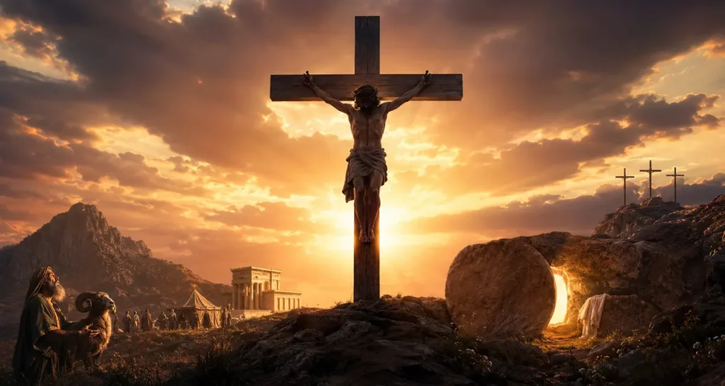 Jesus Christ on the cross at Calvary, surrounded by biblical imagery symbolizing sacrifice, atonement, God’s justice, mercy, redemption, and the fulfillment of His promises.