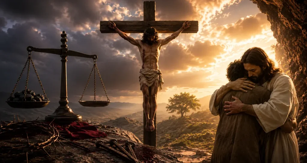 Jesus Christ on the cross beside scales of justice and a repentant sinner embraced by the risen Lord, symbolizing the cost of forgiveness and the fulfillment of God's perfect justice through the atoning work of Christ.