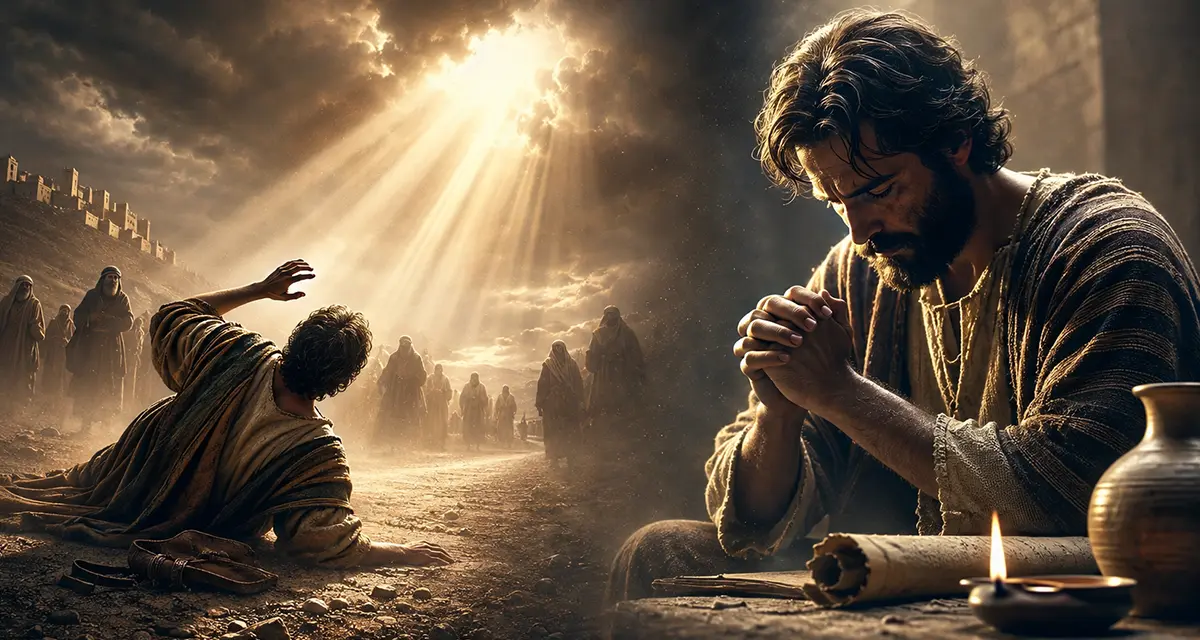 Paul encounters the grace of Christ on the road to Damascus and later reflects in prayer, depicting grace and the conscience, repentance, mercy, and freedom from condemnation.