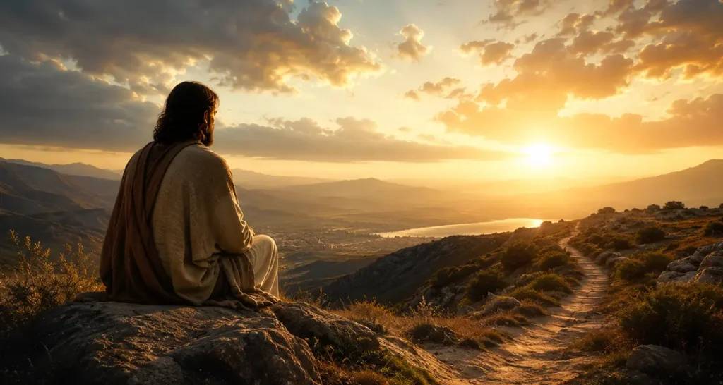 Jesus overlooking a vast landscape at sunrise, symbolizing human responsibility lived in faithful dependence on God's sovereignty and providence.