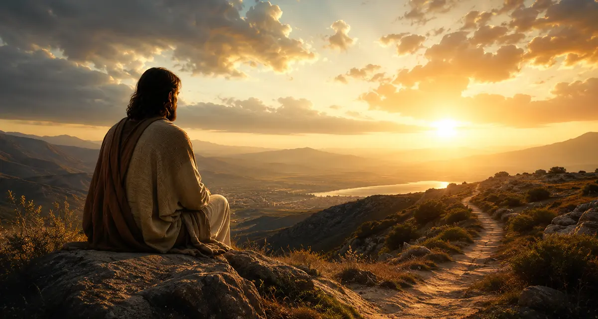 Jesus overlooking a vast landscape at sunrise, symbolizing human responsibility lived in faithful dependence on God's sovereignty and providence.