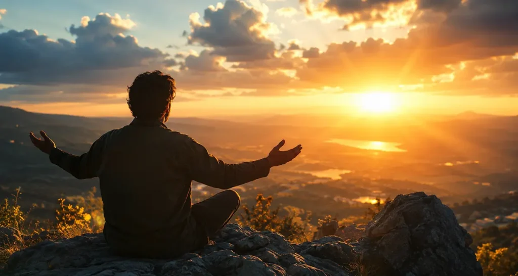 A person overlooking a sunlit landscape with open hands, symbolizing life as a gift from God, received with gratitude and entrusted back to Him.